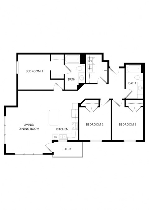 Floor plan for 3 beds, 2 baths, 1285 sqft